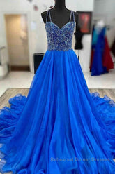 Royal Blue Semi Formal Prom Dresses A Line Spaghetti Straps Long Party Evening Dresses with Beading